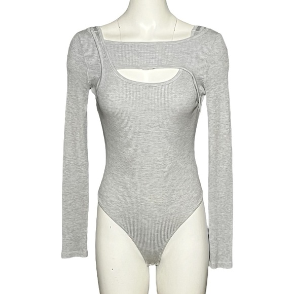 Citizens of Humanity Dasha Bodysuit Gray Rib Knit Cut Out Long Sleeve Size Small - Picture 1 of 11